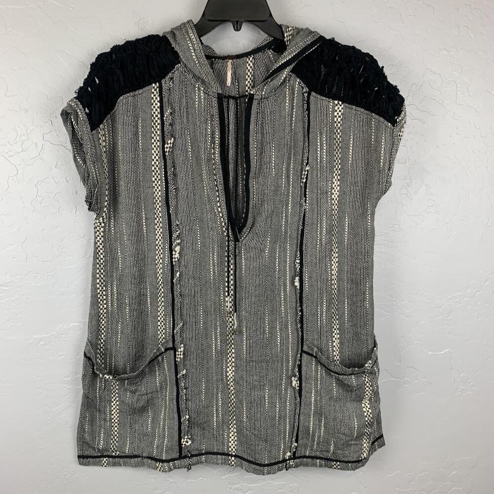 Free People Oversized Tunic Womens Small Hooded Boho Fringe Pockets Pullover Top
